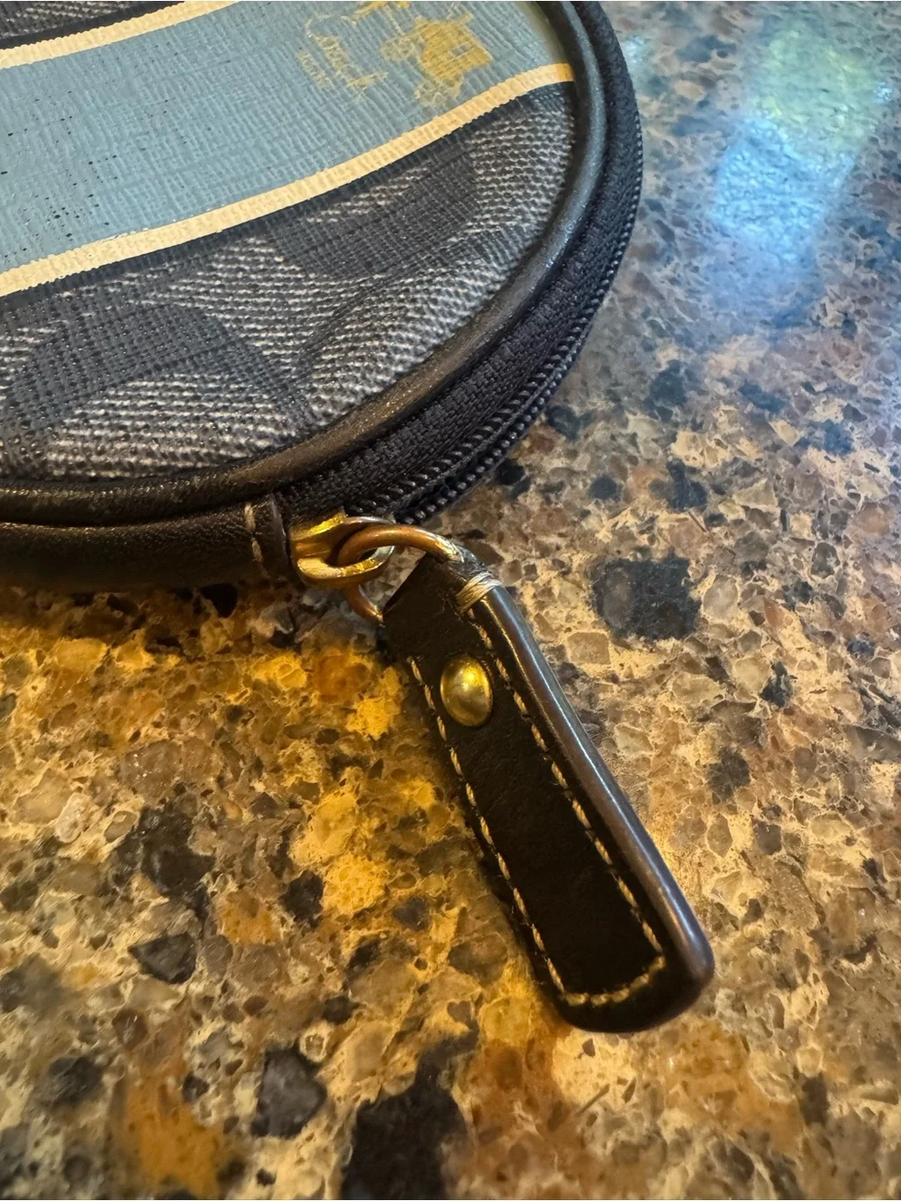 Coach Round Coin Pouch in Blue and Cream Varsity Stripe